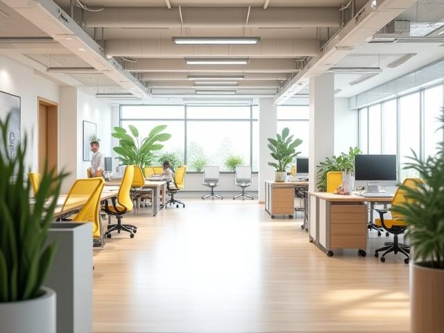 Åpent kontorlandskap for en tech-startup med lyse møbler og grønne planter.